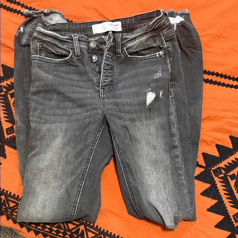 Black Button-Fly Distressed Jeans